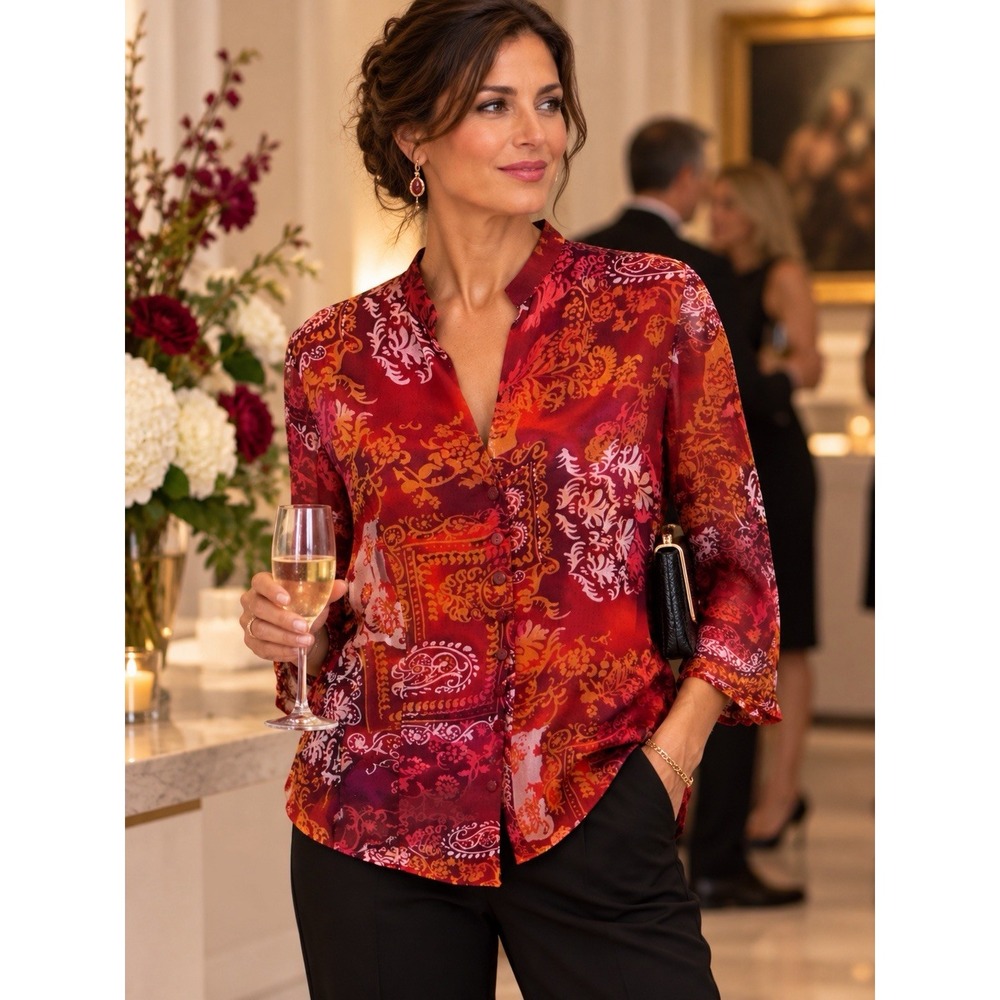 Coldwater Creek 100% Silk Red Asian Print Blouse~L~Mandarin Collar Lined 3/4 Slv